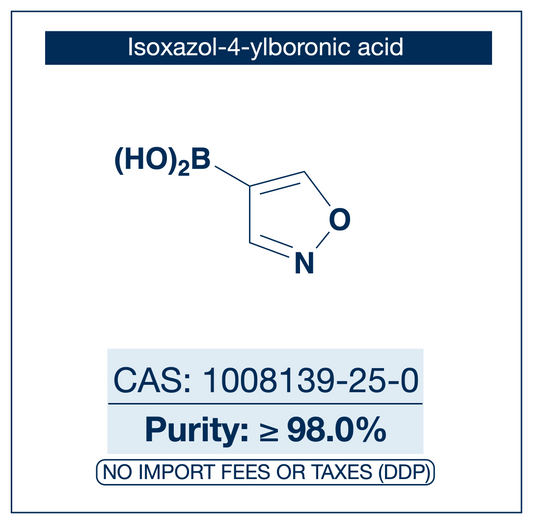 Chemical structure of Isoxazol-4-ylboronic Acid, CAS 1008139-25-0, ≥98% — heteroaromatic isoxazole-4-boronic acid used in Pd-catalysed Suzuki-Miyaura coupling, Cu Chan-Lam C–N/C–O coupling, Rh/Ni conjugate additions, and photoredox arylation in pharma/materials synthesis, providing access to 4-substituted isoxazoles as privileged scaffolds in medicinal chemistry, agrochemical research, and bioisostere design. Supplied by NorrChemica with DDP shipping. CoA and SDS provided.