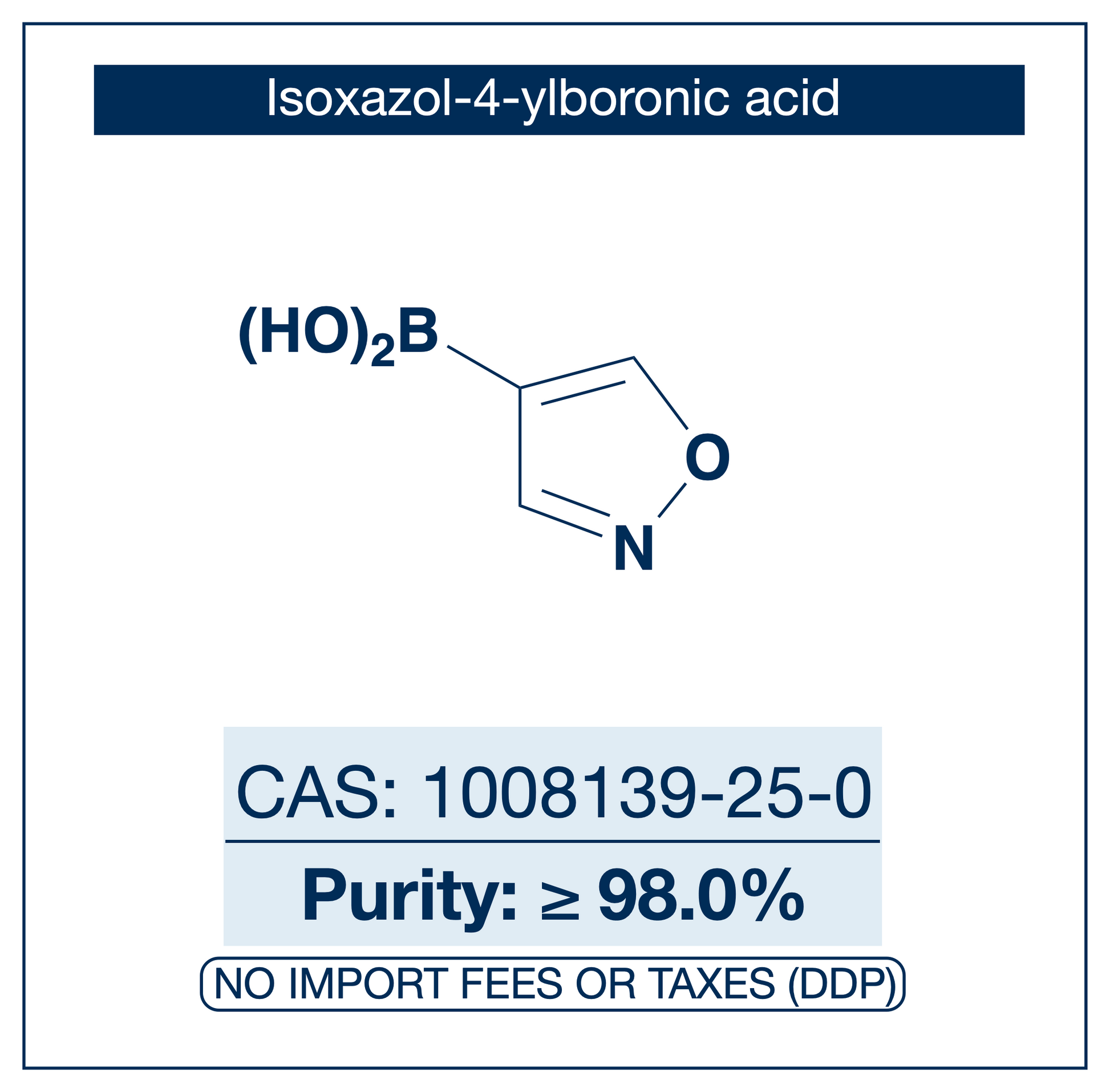 Isoxazol-4-ylboronic acid, CAS 1008139-25-0, purity ≥98.0%, structure showing isoxazole ring with boronic acid B(OH)₂ at the 4-position, DDP shipping, NorrChemica.