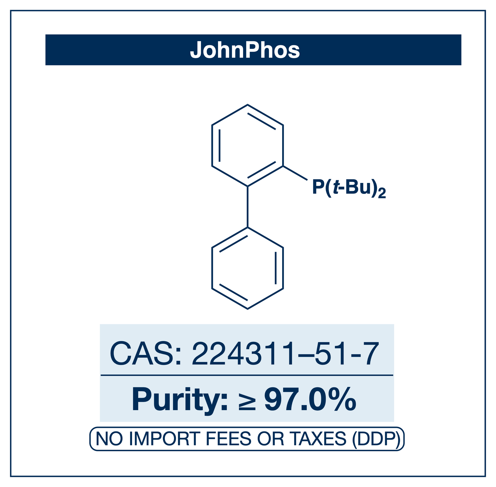 Chemical structure of JohnPhos (2-(di-tert-butylphosphino)biphenyl), CAS 224311-51-7, ≥97% — bulky, electron-rich Buchwald-type monophosphine ligand for palladium-catalysed Buchwald–Hartwig amination and Suzuki coupling of aryl chlorides, and for homogeneous gold(I) catalysis. Supplied by NorrChemica with DDP shipping. CoA and SDS provided.