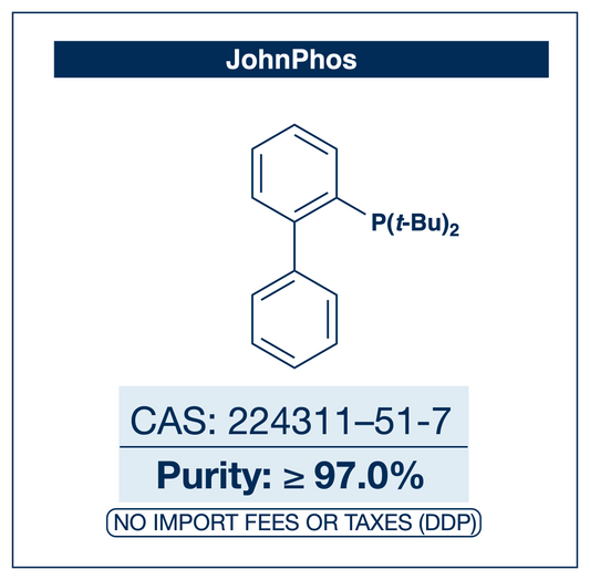 Chemical structure of JohnPhos (2-(di-tert-butylphosphino)biphenyl), CAS 224311-51-7, ≥97% — bulky, electron-rich Buchwald-type monophosphine ligand for palladium-catalysed Buchwald–Hartwig amination and Suzuki coupling of aryl chlorides, and for homogeneous gold(I) catalysis. Supplied by NorrChemica with DDP shipping. CoA and SDS provided.