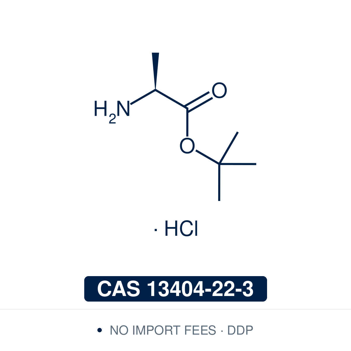 Chemical structure of L-Alanine tert-Butyl Ester Hydrochloride (H-Ala-OtBu·HCl), CAS 13404-22-3, ≥98% — C-terminally protected L-alanine used as a building block in solution-phase peptide synthesis; the tert-butyl ester is stable to base-catalysed hydrolysis, its bulk generally prevents diketopiperazine formation, and it is removed with HCl in organic solvents. Supplied by NorrChemica with DDP shipping. CoA and SDS provided.