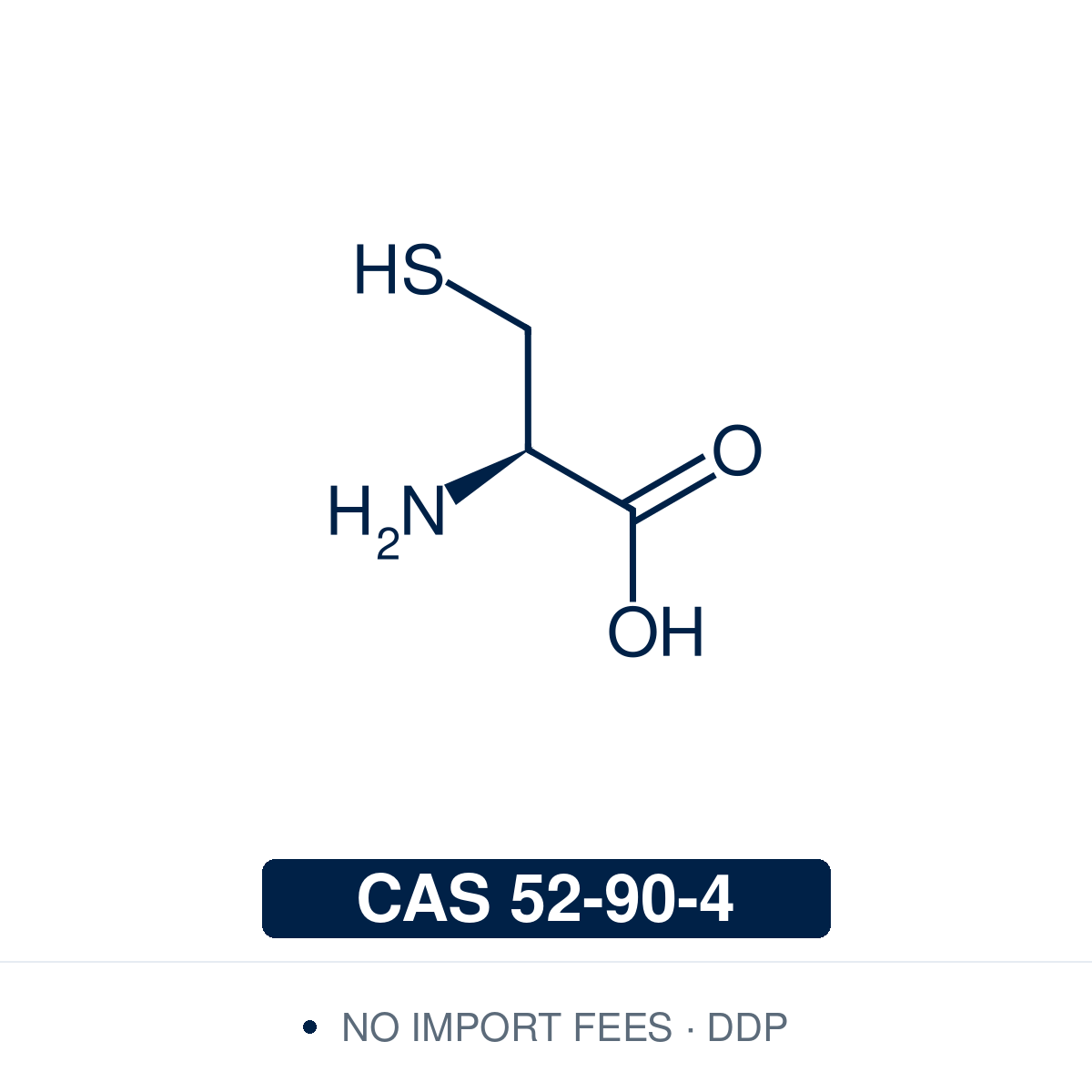 Chemical structure of L-Cysteine (C₃H₇NO₂S), CAS 52-90-4, ≥97% — sulfur-containing amino acid used in peptide synthesis, thiol–maleimide chemistry, S-nitrosocysteine preparation and thiazolidine synthesis. Supplied by NorrChemica with DDP shipping. CoA and SDS provided.