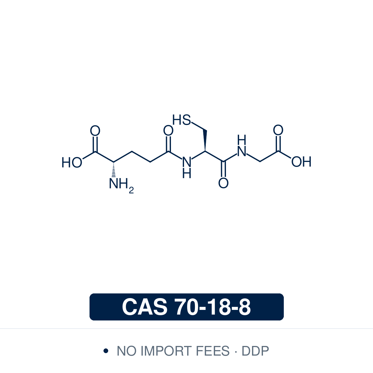 Chemical structure of L-Glutathione, Reduced (GSH, γ-glutamylcysteinylglycine, C₁₀H₁₇N₃O₆S), CAS 70-18-8, ≥97% — the tripeptide that is the most abundant non-protein antioxidant in cells. It is used to elute GST-tagged fusion proteins from immobilised glutathione, in mixtures of reduced and oxidised glutathione for protein refolding, and it is measured with DTNB in enzymatic recycling assays. Supplied by NorrChemica with DDP shipping. CoA and SDS provided.