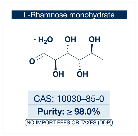Chemical structure of L-Rhamnose monohydrate, CAS 10030-85-0, ≥98% — naturally-occurring 6-deoxy-L-mannose methylpentose monohydrate used as a reference standard and building block in glycoscience and glycoconjugate synthesis research, plant flavonoid and saponin glycoside studies, bacterial cell-wall polysaccharide methodology, rhamnolipid biosurfactant research, and natural product carbohydrate chemistry. Supplied by NorrChemica with DDP shipping. CoA and SDS provided.
