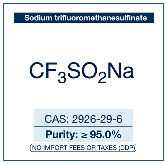 Chemical structure of Sodium trifluoromethanesulfinate, CAS 2926-29-6, ≥95% — also known as the Langlois reagent, used as a stable, bench-friendly source of trifluoromethyl radical (•CF3) for direct C-H trifluoromethylation of arenes, heteroarenes, alkenes, and electron-rich substrates under mild oxidative or photoredox conditions in medicinal chemistry and late-stage functionalization research. Supplied by NorrChemica with DDP shipping. CoA and SDS provided.