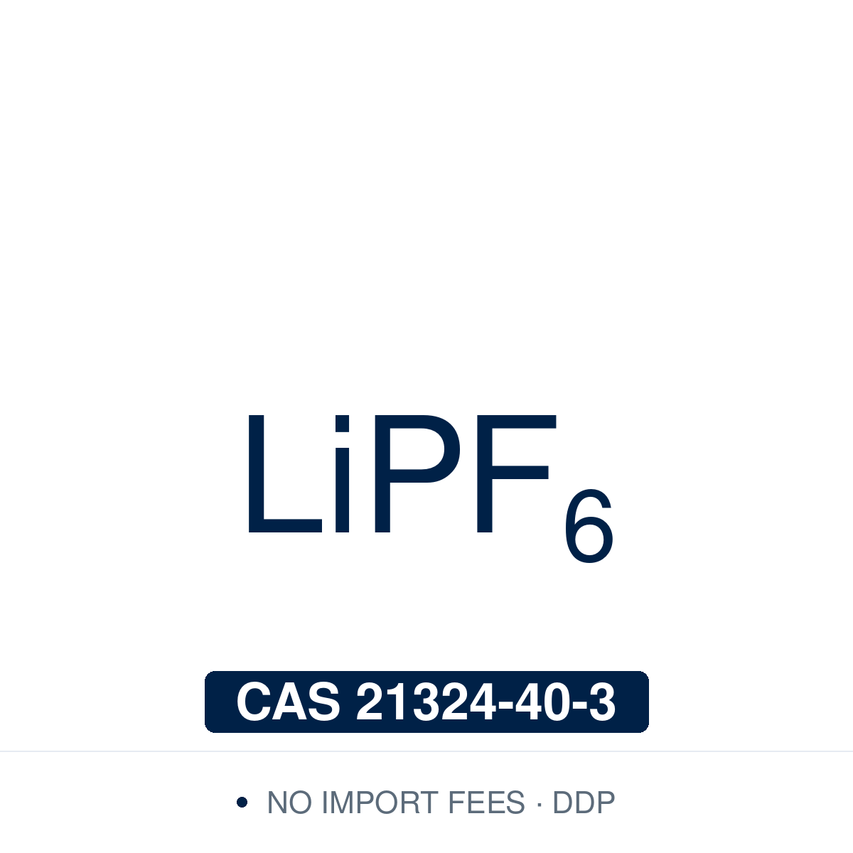 Chemical structure of Lithium Hexafluorophosphate (LiPF₆), CAS 21324-40-3, ≥97% — the most used electrolyte salt in commercial lithium-ion batteries, dissolved in carbonate solvents such as ethylene carbonate and dimethyl carbonate. Used in research on battery electrolytes, their ion transport, and the solid electrolyte interphase formed on graphite and silicon anodes. Supplied by NorrChemica. CoA and SDS provided.