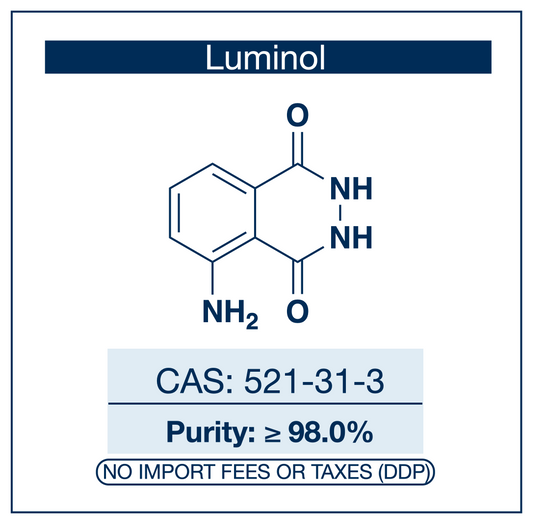 Chemical structure of Luminol, CAS 521-31-3, ≥98% — cyclic phthalhydrazide chemiluminescence reagent (5-amino-2,3-dihydrophthalazinedione) producing blue emission upon oxidation by hydrogen peroxide used as an Enhanced ChemiLuminescence (ECL) detection reagent in Western blot and ELISA immunoassay methodology, forensic blood visualization, trace metal detection, and reactive oxygen species biosensor research. Supplied by NorrChemica with DDP shipping. CoA and SDS provided.

