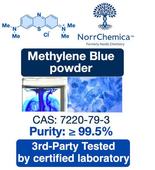 NorrChemica Methylene Blue powder packaging with chemical structure, laboratory image, and certification details.