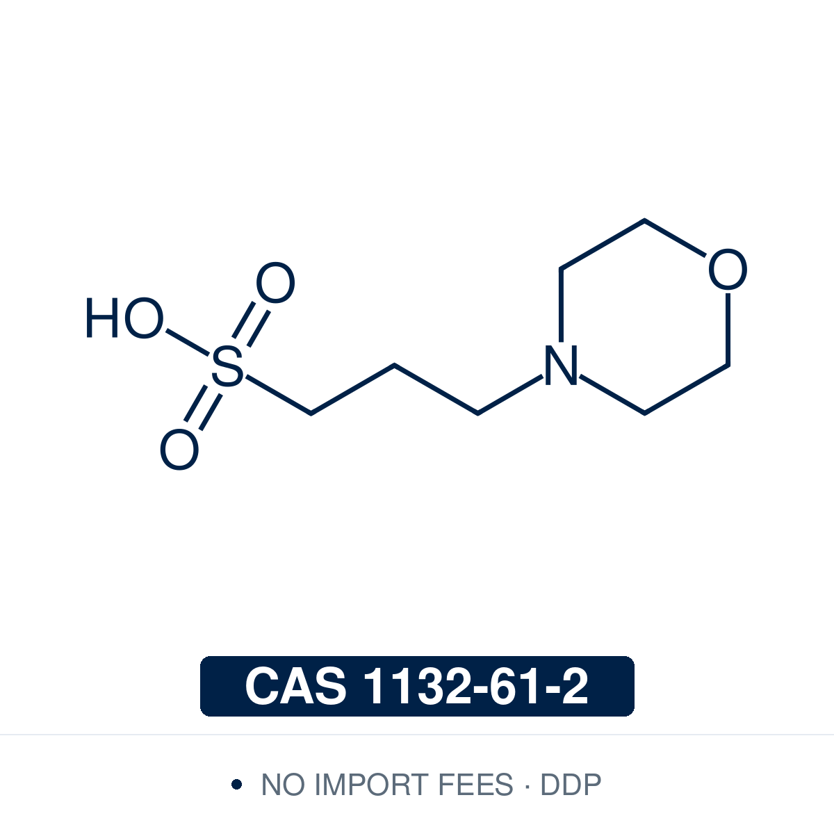 Chemical structure of MOPS (3-(N-Morpholino)propanesulfonic acid), CAS 1132-61-2, certified ≥99.0% — zwitterionic Good’s buffer with pKa 7.2 widely used in cell culture, electrophoresis, and protein purification at near-physiological pH. Supplied by NorrChemica with DDP shipping. CoA and SDS provided.