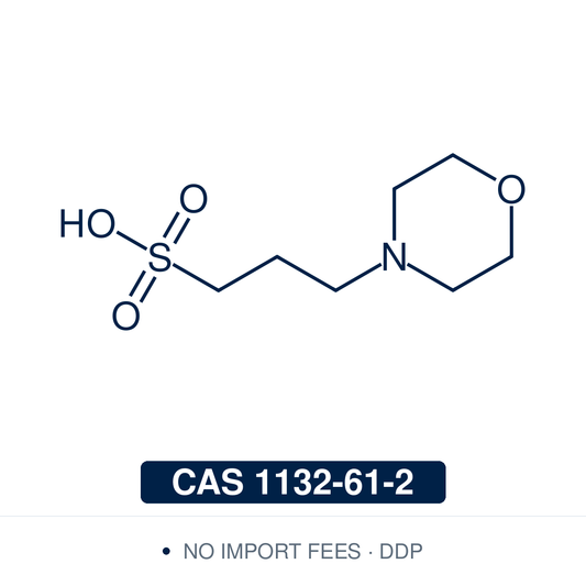 Chemical structure of MOPS (3-(N-Morpholino)propanesulfonic acid), CAS 1132-61-2, certified ≥99.0% — zwitterionic Good’s buffer with pKa 7.2 widely used in cell culture, electrophoresis, and protein purification at near-physiological pH. Supplied by NorrChemica with DDP shipping. CoA and SDS provided.