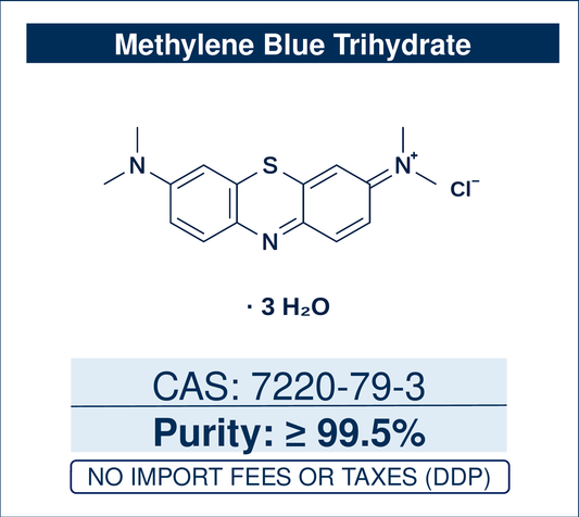Chemical structure of Methylene Blue trihydrate, CAS 7220-79-3, ≥99.5% — cationic phenothiazinium (thiazine) dye and redox indicator widely used as a biological and histological stain, electron-transfer mediator, and photosensitiser in microscopy, redox titrations, and photochemistry. Supplied by NorrChemica with DDP shipping. CoA and SDS provided.