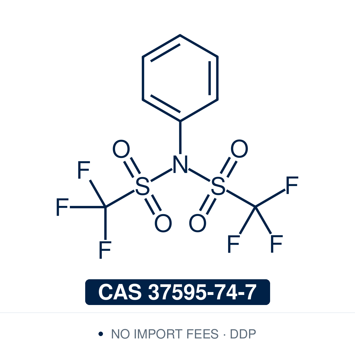 Chemical structure of N-Phenyltriflimide (PhNTf2), CAS 37595-74-7 — a mild, non-acidic triflylating reagent used to convert enolates and phenols into vinyl and aryl triflates for palladium-catalyzed cross-coupling. Supplied by NorrChemica with DDP shipping. CoA and SDS provided.