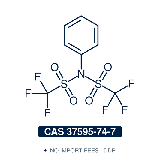 Chemical structure of N-Phenyltriflimide (PhNTf2), CAS 37595-74-7 — a mild, non-acidic triflylating reagent used to convert enolates and phenols into vinyl and aryl triflates for palladium-catalyzed cross-coupling. Supplied by NorrChemica with DDP shipping. CoA and SDS provided.