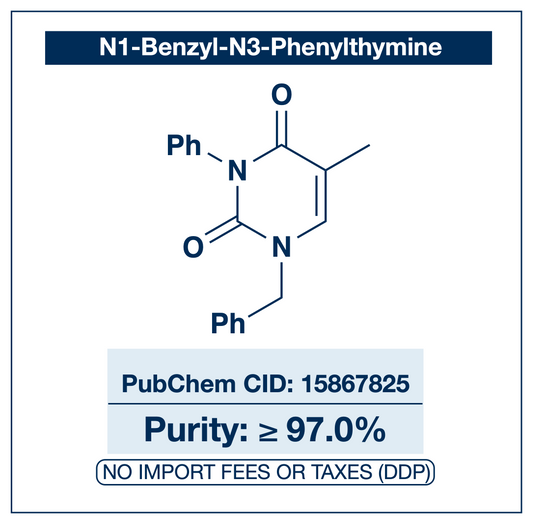 
Chemical structure of N1-Benzyl-N3-Phenylthymine, PubChem CID 15867825, ≥97% — doubly N-substituted thymine derivative used in nucleobase chemistry and chemoselective N-alkylation methodology research. Supplied by NorrChemica with DDP shipping. CoA and SDS provided.