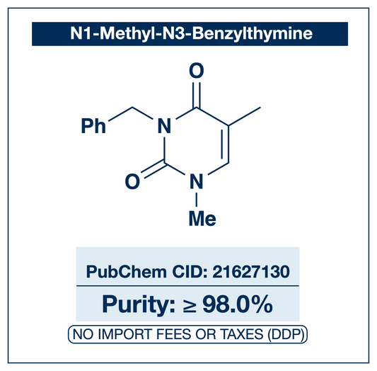 Chemical structure of N1-Methyl-N3-Benzylthymine, PubChem CID 21627130, ≥98% — doubly N-substituted thymine derivative used in nucleobase chemistry and chemoselective N-alkylation methodology research. Supplied by NorrChemica with DDP shipping. CoA and SDS provided.