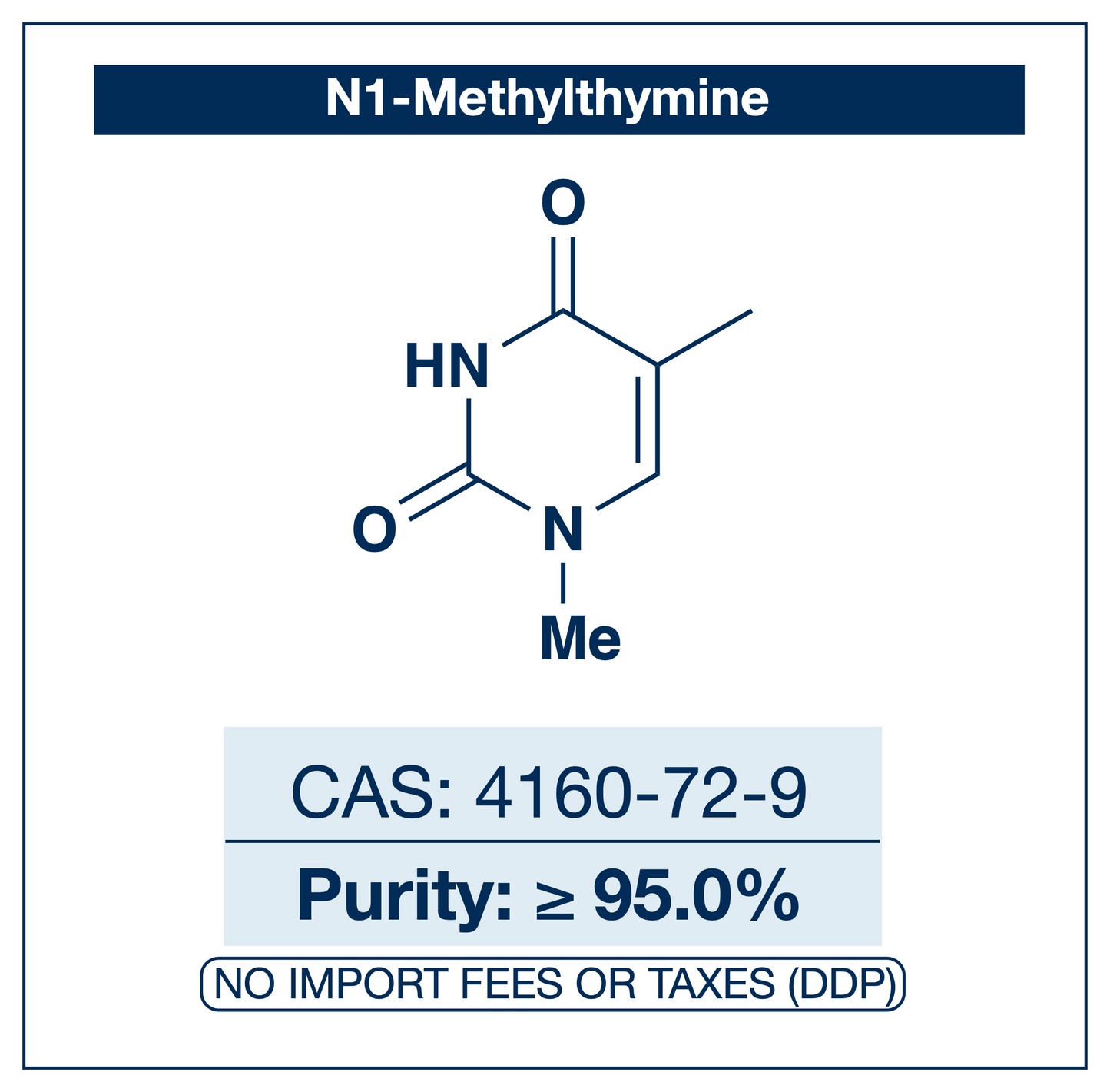 Chemical structure of N1-Methylthymine, CAS 4160-72-9, ≥95% — N1-methylated thymine derivative used in nucleobase chemistry and as a precursor for selective N3-functionalisation of the pyrimidine-2,4-dione ring. Supplied by NorrChemica with DDP shipping. CoA and SDS provided.