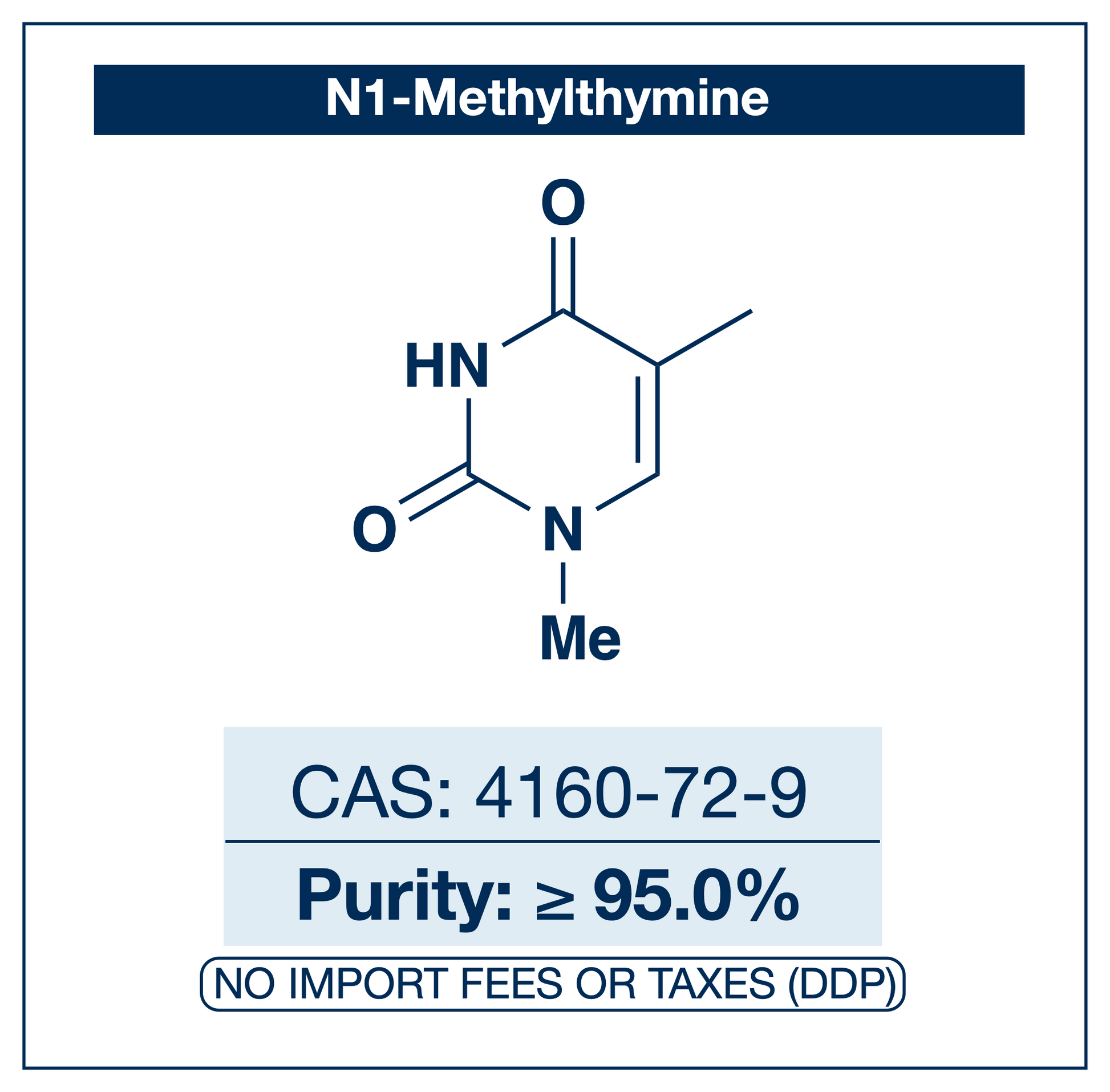 Chemical structure of N1-Methylthymine, CAS 4160-72-9, ≥95% — N1-methylated thymine derivative used in nucleobase chemistry and as a precursor for selective N3-functionalisation of the pyrimidine-2,4-dione ring. Supplied by NorrChemica with DDP shipping. CoA and SDS provided.