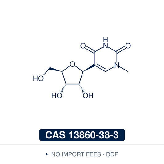 Chemical structure of N1-Methylpseudouridine (1-methylpseudouridine, m1Ψ, C₁₀H₁₄N₂O₆), CAS 13860-38-3, ≥97% — C-nucleoside with the ribose bound to C5 of 1-methyluracil. A natural modification of archaeal tRNA and the uridine replacement in the COVID-19 mRNA vaccines, used in modified-mRNA research for higher protein expression and lower innate immunogenicity, and in studies of transcription and translation fidelity. Supplied by NorrChemica with DDP shipping. CoA and SDS provided.