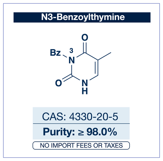 Chemical structure of N3-Benzoylthymine, CAS 4330-20-5, ≥98.0% — N3-acyl-protected thymine derivative used as a building block in nucleobase chemistry, oligonucleotide synthesis, and for studying selective N1 vs N3 functionalization in pyrimidine systems. Supplied by NorrChemica with DDP shipping. CoA and SDS provided.​​​​​​​​​​​​​​​​