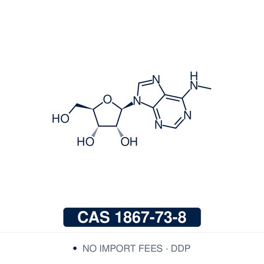 Chemical structure of N6-Methyladenosine (m6A, C₁₁H₁₅N₅O₄), CAS 1867-73-8, ≥97% — adenosine methylated at the N6 amino group, the most prevalent internal modification of mRNA in higher eukaryotes. Formed by the METTL3–METTL14 methyltransferase complex, removed by the demethylases FTO and ALKBH5, and recognised by reader proteins such as YTHDF2, which moves bound mRNA to decay sites. Used in research on RNA methylation and its enzymes. Supplied by NorrChemica with DDP shipping. CoA and SDS provided.