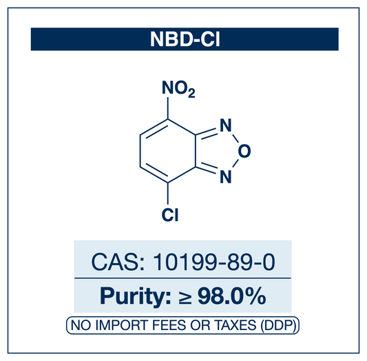 Chemical structure of NBD-Cl (4-chloro-7-nitrobenzofurazan), CAS 10199-89-0, ≥98% — fluorogenic SNAr derivatization reagent for primary/secondary amines and thiols in HPLC and fluorescence-detection workflows. Supplied by NorrChemica with DDP shipping. CoA and SDS provided.