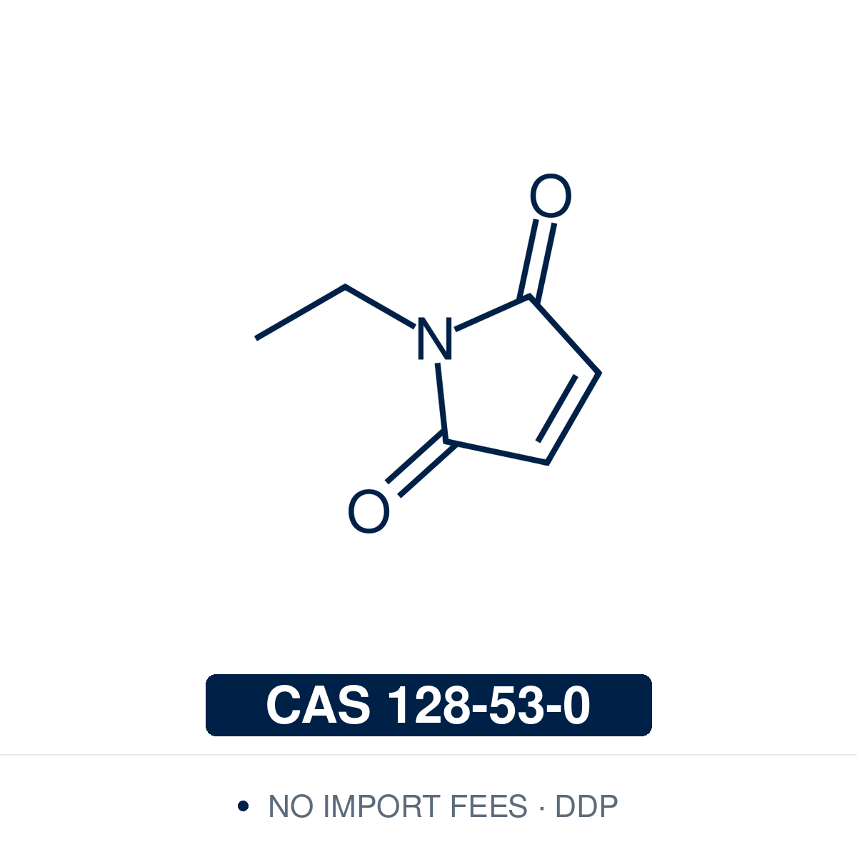 Chemical structure of N-Ethylmaleimide (NEM), CAS 128-53-0, ≥98% — a maleimide (1H-pyrrole-2,5-dione) N-substituted with ethyl (C6H7NO2), the smallest maleimide reagent; its electron-poor C=C is a strong Michael acceptor for thiols. It adds thiols across this bond to give stable thioethers, the basis for irreversibly blocking cysteine residues, quantifying glutathione and other sulfhydryls, and thiol-maleimide bioconjugation and labeling. Supplied by NorrChemica with DDP shipping. CoA and SDS provided.