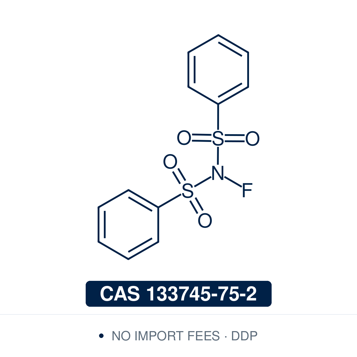 Chemical structure of NFSI (N-fluoro-N-(phenylsulfonyl)benzenesulfonamide), CAS 133745-75-2, 98% — bench-stable electrophilic N–F fluorinating reagent used for the α-fluorination of enolates and other carbanions and as the fluorine source in metal-catalysed and radical C–H fluorination reactions. Supplied by NorrChemica with DDP shipping. CoA and SDS provided.