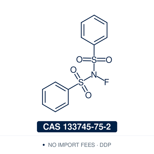 Chemical structure of NFSI (N-fluoro-N-(phenylsulfonyl)benzenesulfonamide), CAS 133745-75-2, 98% — bench-stable electrophilic N–F fluorinating reagent used for the α-fluorination of enolates and other carbanions and as the fluorine source in metal-catalysed and radical C–H fluorination reactions. Supplied by NorrChemica with DDP shipping. CoA and SDS provided.