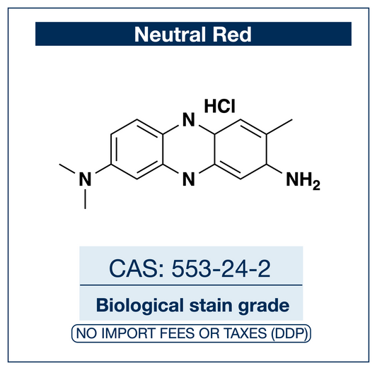 Chemical structure of Neutral Red, CAS 553-24-2, Biological Stain Grade — phenazine biological stain and pH indicator used for cell-viability uptake assays and histological staining. Supplied by NorrChemica with DDP shipping. CoA and SDS provided.