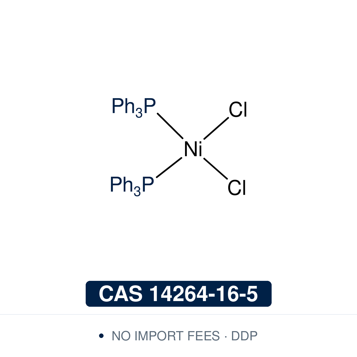 Chemical structure of NiCl₂(PPh₃)₂ (dichlorobis(triphenylphosphine)nickel(II), C₃₆H₃₀Cl₂NiP₂), CAS 14264-16-5, ≥98% — a tetrahedral nickel(II) phosphine complex used as a catalyst precursor in nickel-catalysed cross-coupling: Suzuki–Miyaura coupling of aryl chlorides with arylboronic acids, Negishi coupling, and the arylation of diarylamines to triarylamines. Supplied by NorrChemica with DDP shipping. CoA and SDS provided.