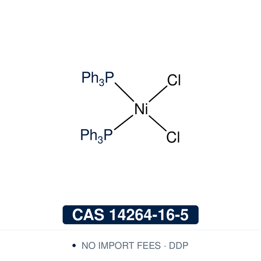 Chemical structure of NiCl₂(PPh₃)₂ (dichlorobis(triphenylphosphine)nickel(II), C₃₆H₃₀Cl₂NiP₂), CAS 14264-16-5, ≥98% — a tetrahedral nickel(II) phosphine complex used as a catalyst precursor in nickel-catalysed cross-coupling: Suzuki–Miyaura coupling of aryl chlorides with arylboronic acids, Negishi coupling, and the arylation of diarylamines to triarylamines. Supplied by NorrChemica with DDP shipping. CoA and SDS provided.