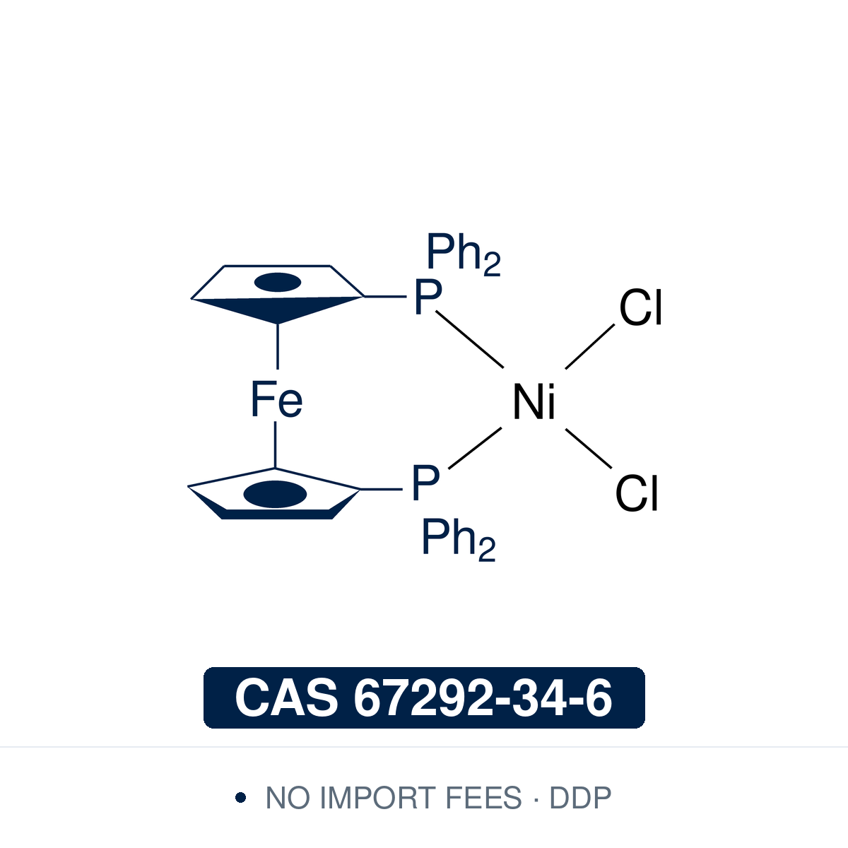 Chemical structure of NiCl₂(dppf) ([1,1′-bis(diphenylphosphino)ferrocene]dichloronickel(II), C₃₄H₂₈Cl₂FeNiP₂), CAS 67292-34-6, ≥98% — nickel(II) precatalyst, reduced in situ (for example with zinc or n-butyllithium) to the active nickel(0) catalyst. Used for Suzuki–Miyaura coupling of arylboronic acids with aryl chlorides and aryl sulfonates such as mesylates and tosylates, and for couplings with Grignard and organozinc reagents. Supplied by NorrChemica with DDP shipping. CoA and SDS provided.