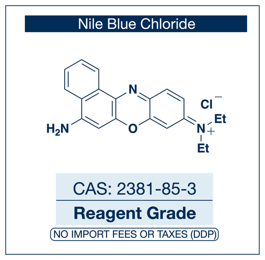 Chemical structure of Nile Blue Chloride, CAS 2381-85-3, reagent grade — benzophenoxazine cationic fluorescent dye (C.I. 51180 / Basic Blue 12) with red-orange emission used as a research-grade fluorochrome for differential staining of neutral and polar lipids in histology, fluorescent lipid droplet visualization in cell biology and lipid metabolism research, hepatic lipid imaging, and electroactive dye applications in biosensor research. Supplied by NorrChemica with DDP shipping. CoA and SDS provided.
