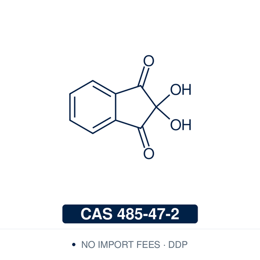 Chemical structure of Ninhydrin, CAS 485-47-2, ≥98% — 2,2-dihydroxyindane-1,3-dione, the classic colorimetric reagent for primary and secondary amines and amino acids (Ruhemann's purple), used in TLC visualisation, amino acid analysis, and latent-fingerprint development. Supplied by NorrChemica with DDP shipping. CoA and SDS provided.