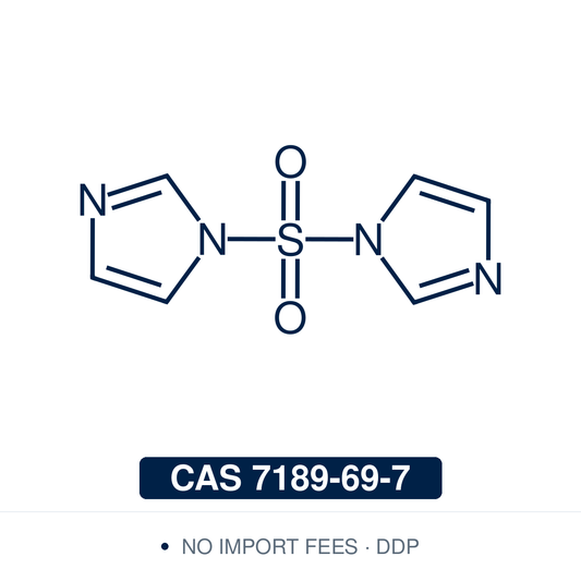 Chemical structure of SDI, CAS 7189-69-7, ≥98% — 1,1'-sulfonyldiimidazole bench-stable sulfonylating reagent and non-gaseous SO₂ transfer agent used for synthesis of sulfamates, sulfamides, and sulfamoyl-imidazolide intermediates in medicinal chemistry, modern sulfur(VI) methodology adjacent to SuFEx click chemistry, kinase inhibitor scaffold research, steroid sulfamate chemistry, and process chemistry. Supplied by NorrChemica with DDP shipping. CoA and SDS provided.