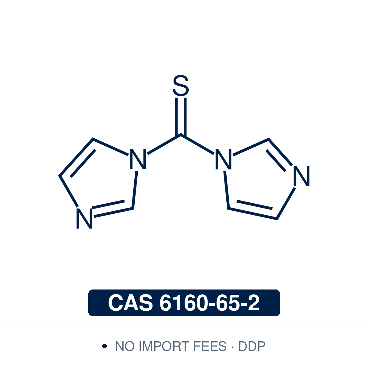 Chemical structure of TCDI, CAS 6160-65-2, ≥85% — 1,1'-thiocarbonyldiimidazole bench-stable thiocarbonylating reagent and C=S transfer agent used for Barton-McCombie radical deoxygenation in total synthesis, thiourea and thiocarbamate scaffold synthesis in medicinal chemistry, organocatalyst preparation, isothiocyanate building block formation, and RAFT polymerization chain transfer agent synthesis. Supplied by NorrChemica with DDP shipping. CoA and SDS provided.