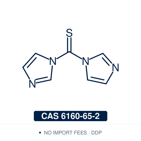 Chemical structure of TCDI, CAS 6160-65-2, ≥85% — 1,1'-thiocarbonyldiimidazole bench-stable thiocarbonylating reagent and C=S transfer agent used for Barton-McCombie radical deoxygenation in total synthesis, thiourea and thiocarbamate scaffold synthesis in medicinal chemistry, organocatalyst preparation, isothiocyanate building block formation, and RAFT polymerization chain transfer agent synthesis. Supplied by NorrChemica with DDP shipping. CoA and SDS provided.