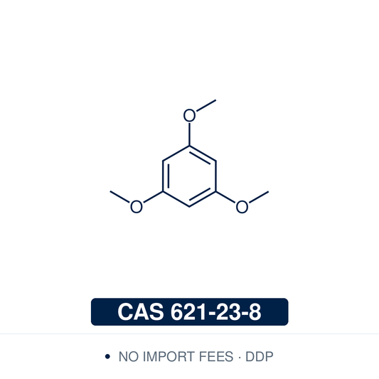 Chemical structure of 1,3,5-Trimethoxybenzene (C₉H₁₂O₃), CAS 621-23-8, ≥98% — electron-rich arene used as a substrate in electrophilic aromatic substitution, including electrophilic fluorination with NFSI, and used as an internal standard in quantitative ¹H NMR (qNMR). Supplied by NorrChemica with DDP shipping. CoA and SDS provided.