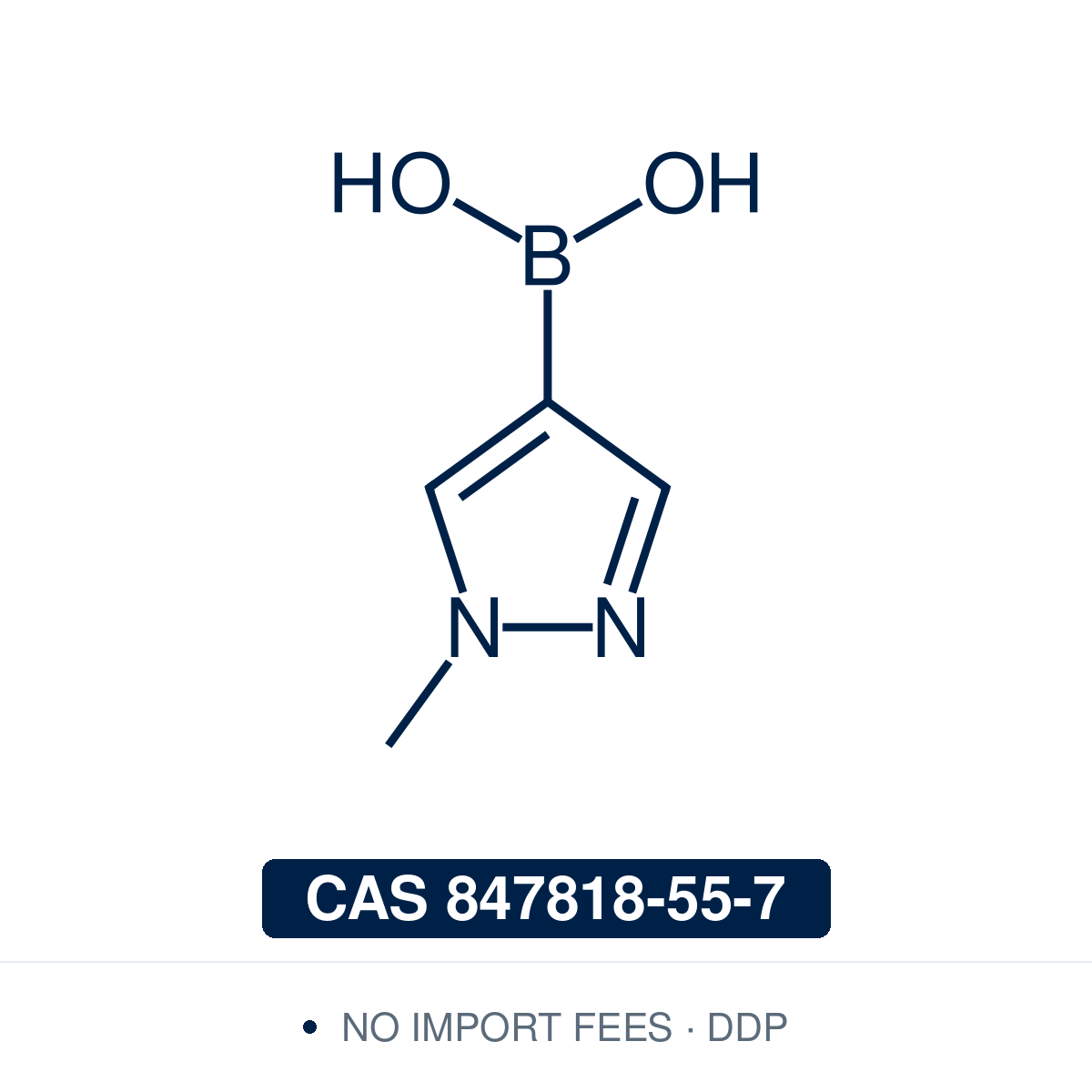 Chemical structure of 1-Methyl-1H-pyrazole-4-boronic Acid, CAS 847818-55-7, ≥95% — heteroaromatic N-methyl pyrazole-4-boronic acid used in Pd-catalysed Suzuki-Miyaura coupling, Cu Chan-Lam C–N/C–O coupling, Rh/Ni conjugate additions, and photoredox arylation in pharma/materials synthesis, providing access to N-methyl-4-substituted pyrazoles as privileged scaffolds in medicinal chemistry, agrochemical research, and kinase inhibitor design. Supplied by NorrChemica with DDP shipping. CoA and SDS provided.