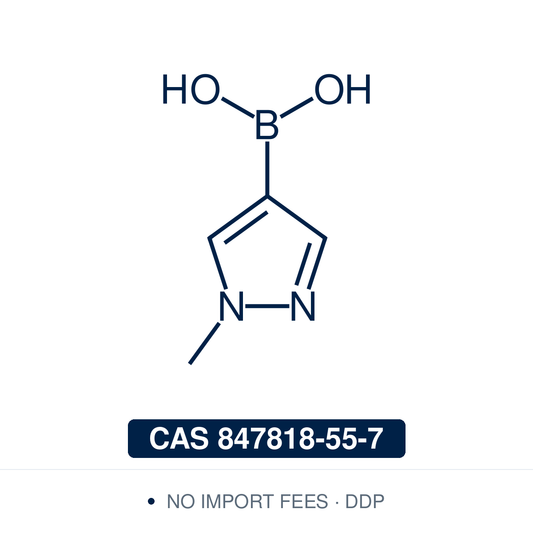 Chemical structure of 1-Methyl-1H-pyrazole-4-boronic Acid, CAS 847818-55-7, ≥95% — heteroaromatic N-methyl pyrazole-4-boronic acid used in Pd-catalysed Suzuki-Miyaura coupling, Cu Chan-Lam C–N/C–O coupling, Rh/Ni conjugate additions, and photoredox arylation in pharma/materials synthesis, providing access to N-methyl-4-substituted pyrazoles as privileged scaffolds in medicinal chemistry, agrochemical research, and kinase inhibitor design. Supplied by NorrChemica with DDP shipping. CoA and SDS provided.