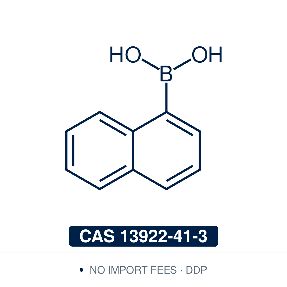 Chemical structure of 1-Naphthaleneboronic Acid (1-naphthylboronic acid), CAS 13922-41-3, 98% — arylboronic acid with a –B(OH)2 group at the 1-position of naphthalene (C10H9BO2; supplied as the free boronic acid, may contain some cyclic anhydride/boroxine). Used as a Suzuki–Miyaura cross-coupling building block for introducing a naphthyl group in biaryl, polyaromatic-hydrocarbon and OLED/host-material synthesis. Supplied by NorrChemica with DDP shipping. CoA and SDS provided.