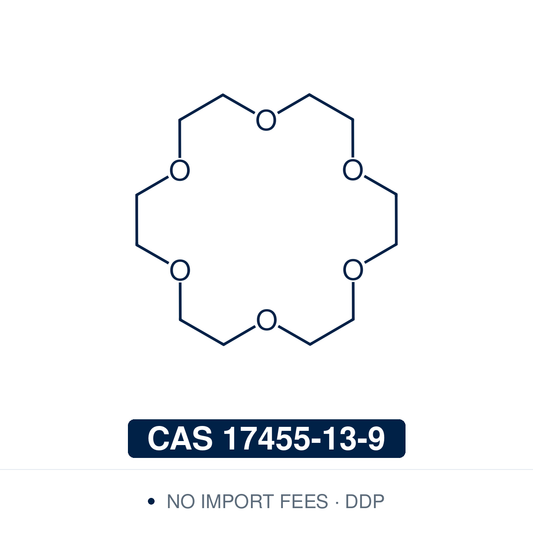 Chemical structure of 18-Crown-6 (1,4,7,10,13,16-hexaoxacyclooctadecane, C₁₂H₂₄O₆), CAS 17455-13-9, ≥98% — a macrocyclic polyether that dissolves metal salts, particularly potassium salts, in nonpolar and dipolar aprotic solvents. Used as a phase-transfer catalyst and metal complexing agent, for example in the N-alkylation of heterocycles and the allylation of aldehydes with potassium allyltrifluoroborate. Supplied by NorrChemica with DDP shipping. CoA and SDS provided.