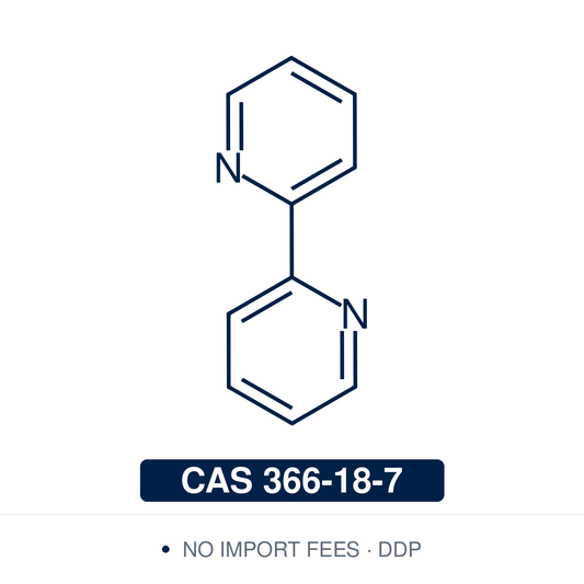 Chemical structure of 2,2'-Bipyridine (2,2'-bipyridyl, bpy; 2,2'-dipyridyl), CAS 366-18-7, ≥97% — bidentate N,N-chelating ligand (C10H8N2) whose adjacent pyridine nitrogens bind a metal in a five-membered chelate ring. Used to build luminescent and redox-active transition-metal complexes (Ru, Fe, Cu, Ir) for photoredox catalysis and cross-coupling, as a ferroin-type redox indicator, and for the colorimetric determination of iron. Supplied by NorrChemica with DDP shipping. CoA and SDS provided.
