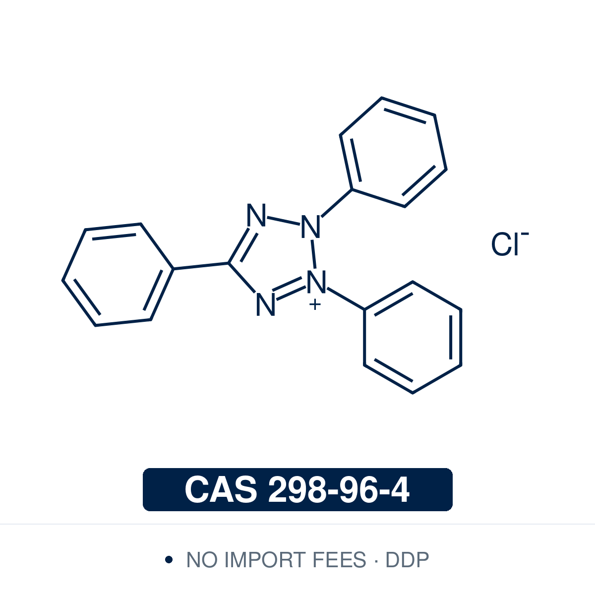 Chemical structure of 2,3,5-Triphenyltetrazolium chloride (TTC; tetrazolium red), CAS 298-96-4, ≥98% — colorless cationic tetrazolium salt (C19H15ClN4), drawn as the triphenyltetrazolium cation with its chloride counterion (the form supplied). A redox indicator reduced by cellular dehydrogenases to a deep-red insoluble triphenylformazan, used as a vital stain for cell/tissue viability (seed-viability and infarct tests) and dehydrogenase/microbial assays. Supplied by NorrChemica with DDP shipping. 