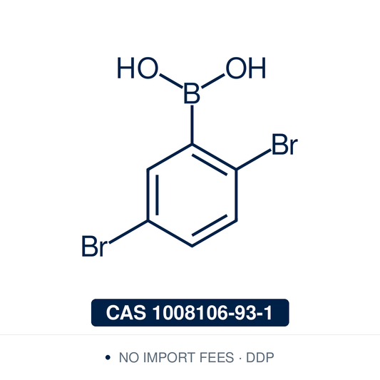 Chemical structure of 2,5-Dibromophenylboronic Acid, CAS 1008106-93-1, ≥98% — trifunctional 2,5-dibromo arylboronic acid for Pd-catalysed Suzuki–Miyaura cross-coupling, with two differentiable aryl–Br handles (ortho and para to boron) for sequential coupling toward unsymmetrical biaryls, terphenyls, and OLED and pharmaceutical intermediates. Supplied by NorrChemica with DDP shipping. CoA and SDS provided.