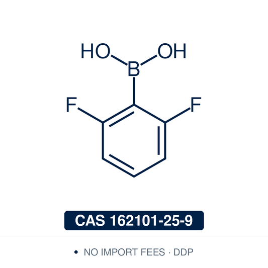 Chemical structure of 2,6-Difluorophenylboronic Acid, CAS 162101-25-9, ≥98% — sterically hindered ortho,ortho-difluoro arylboronic acid used in Pd-catalysed Suzuki-Miyaura coupling, Cu Chan-Lam C–N/C–O coupling, Rh/Ni conjugate additions, and photoredox arylation in pharma/materials synthesis, with the ortho-fluorine handles valuable for tuning lipophilicity, metabolic stability, and ¹⁹F NMR studies. Supplied by NorrChemica with DDP shipping. CoA and SDS provided
