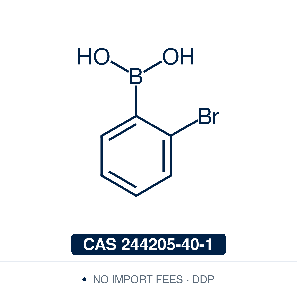 Chemical structure of 2-Bromophenylboronic Acid, CAS 244205-40-1, ≥98% — sterically hindered ortho-bromo arylboronic acid used in Pd-catalysed Suzuki-Miyaura coupling, Cu Chan-Lam C–N/C–O coupling, Rh/Ni conjugate additions, and photoredox arylation in pharma/materials synthesis, with the bromide handle providing orthogonal reactivity for sequential cross-coupling and access to ortho-substituted biaryls and benzofused heterocycles. Supplied by NorrChemica with DDP shipping. CoA and SDS provided.