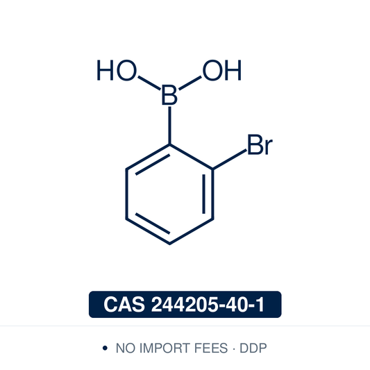 Chemical structure of 2-Bromophenylboronic Acid, CAS 244205-40-1, ≥98% — sterically hindered ortho-bromo arylboronic acid used in Pd-catalysed Suzuki-Miyaura coupling, Cu Chan-Lam C–N/C–O coupling, Rh/Ni conjugate additions, and photoredox arylation in pharma/materials synthesis, with the bromide handle providing orthogonal reactivity for sequential cross-coupling and access to ortho-substituted biaryls and benzofused heterocycles. Supplied by NorrChemica with DDP shipping. CoA and SDS provided.