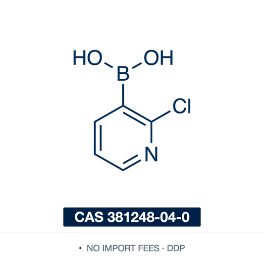 Chemical structure of 2-Chloropyridine-3-boronic Acid, CAS 381248-04-0, ≥98% — bifunctional halopyridine boronic acid: a –B(OH)2 at the 3-position and a chloro at the adjacent 2-position (C5H5BClNO2; the free boronic acid, may contain some cyclic anhydride/boroxine). A Suzuki–Miyaura building block whose ortho chloride enables sequential, regioselective functionalization (second coupling or amination) for pharma/agrochemical synthesis. Supplied by NorrChemica with DDP shipping. CoA and SDS provided.