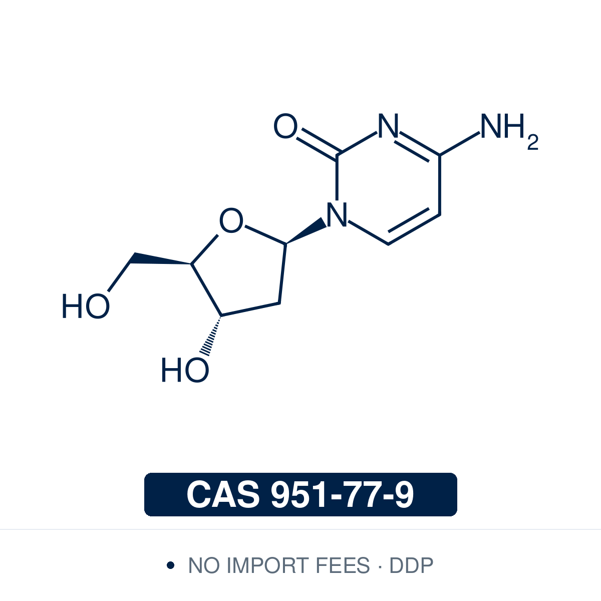 Chemical structure of 2′-Deoxycytidine, CAS 951-77-9, ≥98% — pyrimidine 2′-deoxyribonucleoside used as a DNA building block in oligonucleotide synthesis, phosphoramidite chemistry, and as a reference standard for nucleic acid research and modified nucleoside development. Supplied by NorrChemica with DDP shipping. CoA and SDS provided.